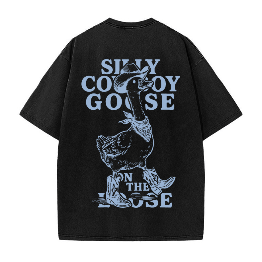 Walking Cowboy Goose Grafik Unisex Vintage gewaschenes T-Shirt - Schwarz - 5XL - image 4