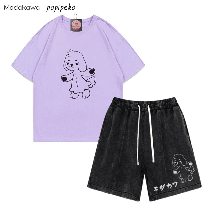 Puppy Pookie Grafik-T-Shirt Vintage Washed Shorts Zweiteiliges Set - Purple&Black - 3XL - image 2