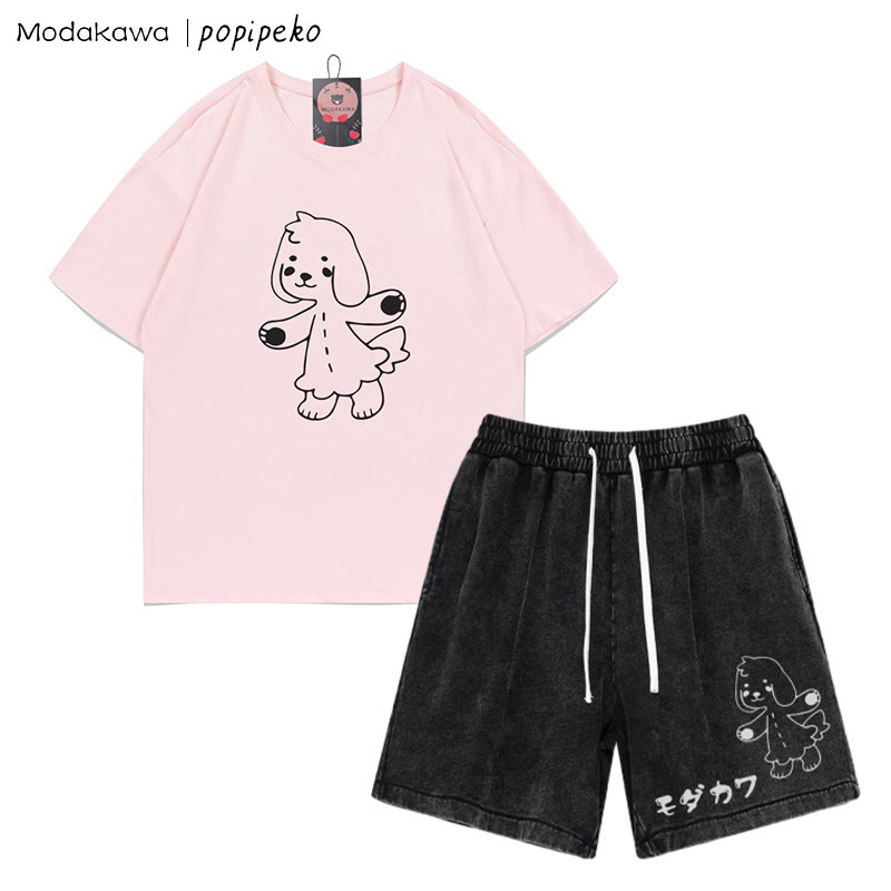 Puppy Pookie Grafik-T-Shirt Vintage Washed Shorts Zweiteiliges Set - Pink&Black - 3XL - image 1
