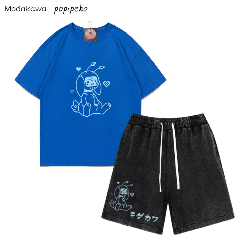 T-Shirt mit Robot Bunny-Grafik und verwaschenen Vintage-Shorts, zweiteiliges Set - Royal Blue&Black - 3XL - image 2