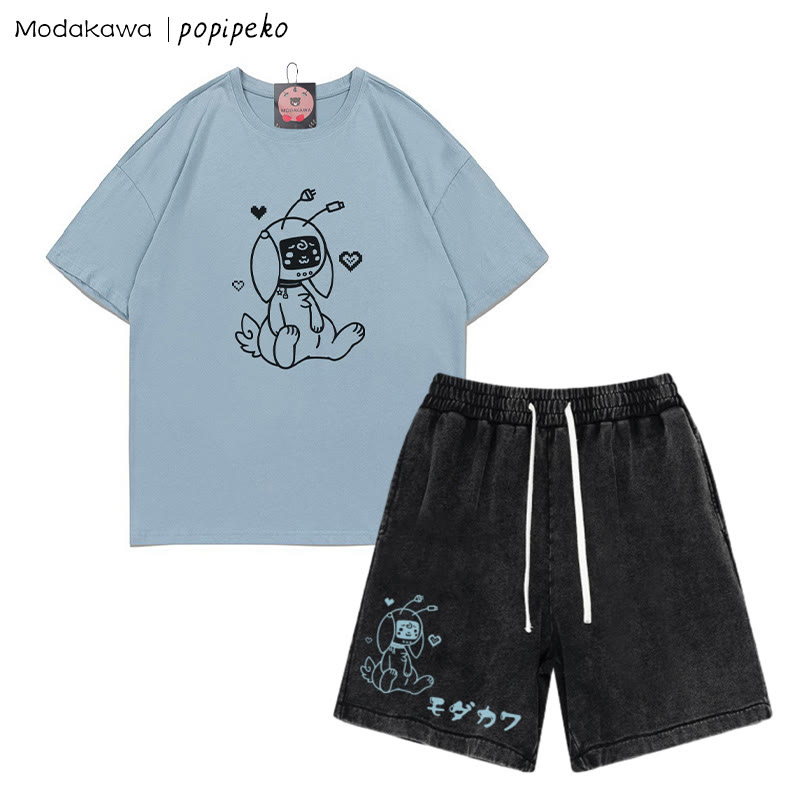 T-Shirt mit Robot Bunny-Grafik und verwaschenen Vintage-Shorts, zweiteiliges Set - Dusty Blue&Black - 3XL - image 1
