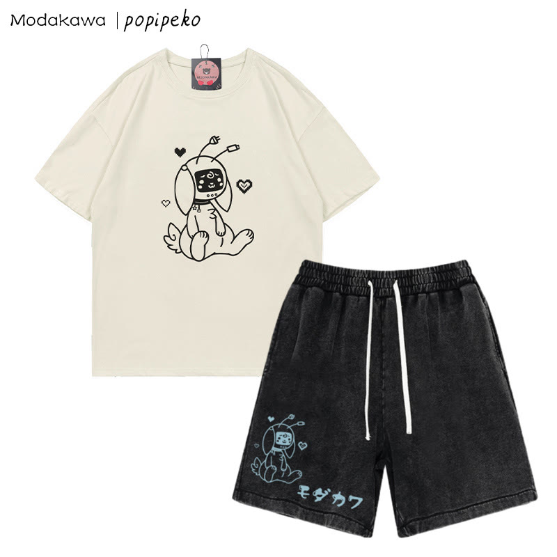 T-Shirt mit Robot Bunny-Grafik und verwaschenen Vintage-Shorts, zweiteiliges Set - Beige&Black - 3XL - image 4