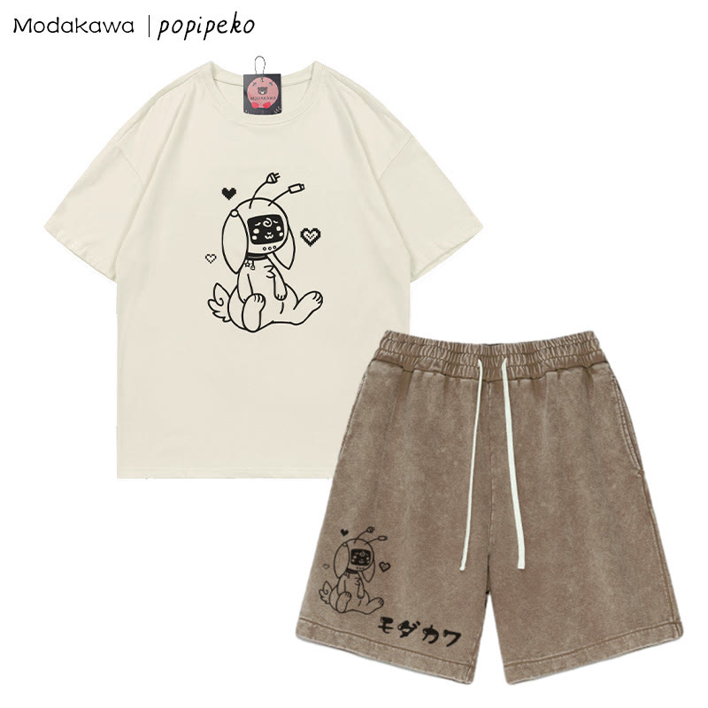 T-Shirt mit Robot Bunny-Grafik und verwaschenen Vintage-Shorts, zweiteiliges Set - Beige&Brown - 3XL - image 3