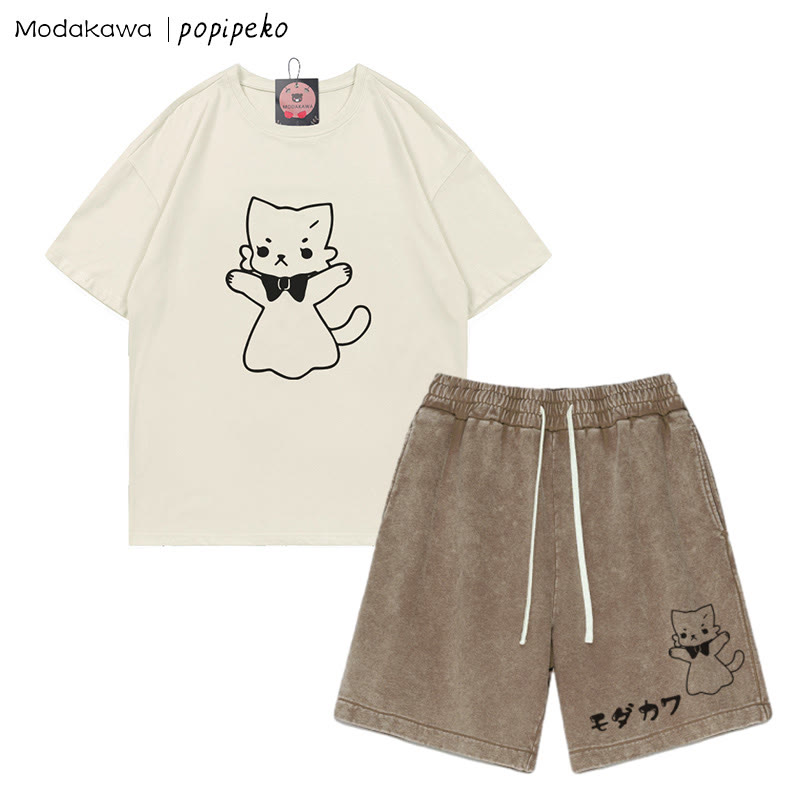 Zweiteiliges Set mit T-Shirt mit Kitty-Grafik und verwaschenen Vintage-Shorts - Beige&Brown - 3XL - image 2