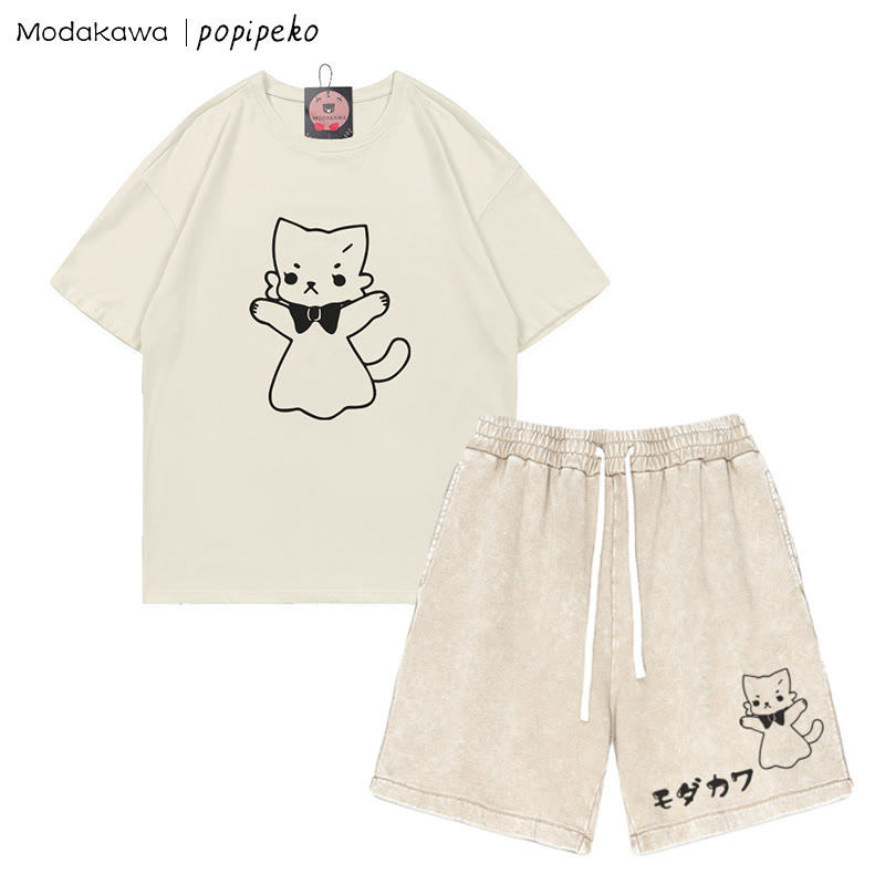 Zweiteiliges Set mit T-Shirt mit Kitty-Grafik und verwaschenen Vintage-Shorts - Beige - 3XL - image 1