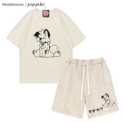 T-Shirt mit Welpen-Grafik und verwaschenen Vintage-Shorts, zweiteiliges Set - Beige - 3XL - image 5