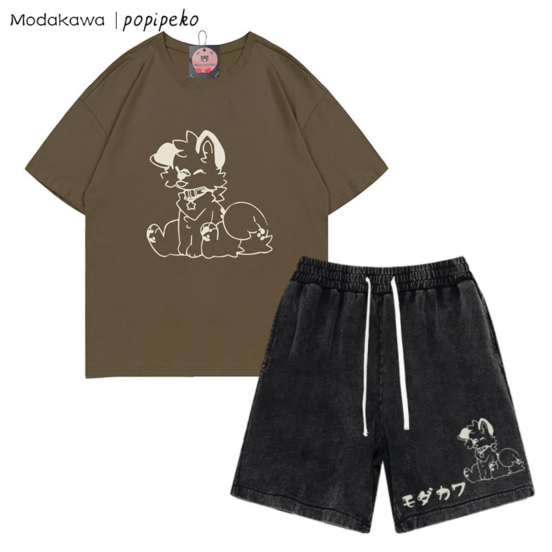 T-Shirt mit Welpen-Grafik und verwaschenen Vintage-Shorts, zweiteiliges Set - Brown&Black - 3XL - image 2