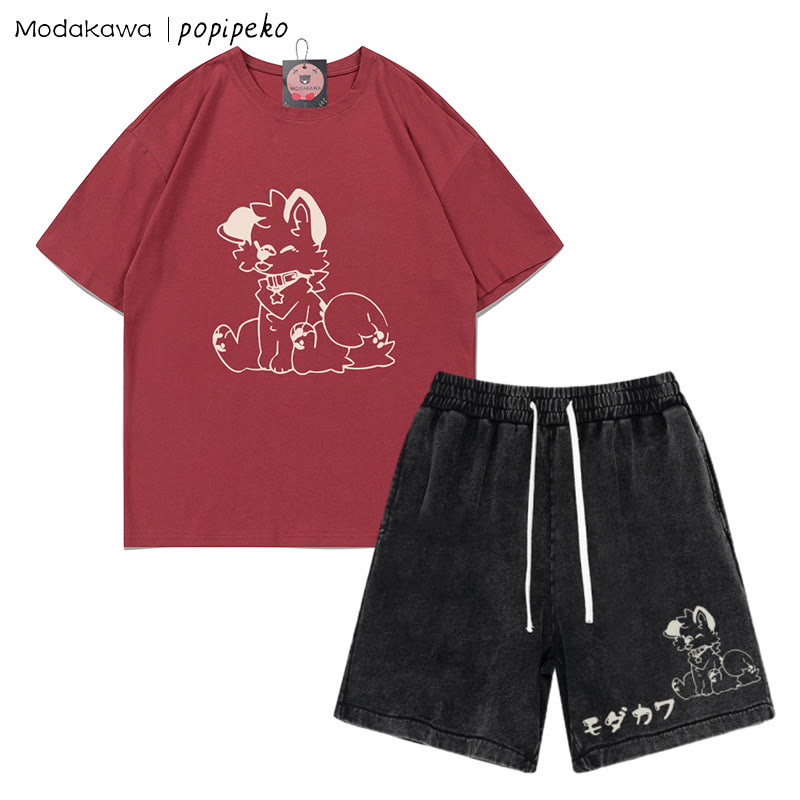 T-Shirt mit Welpen-Grafik und verwaschenen Vintage-Shorts, zweiteiliges Set - Red&Black - 3XL - image 1