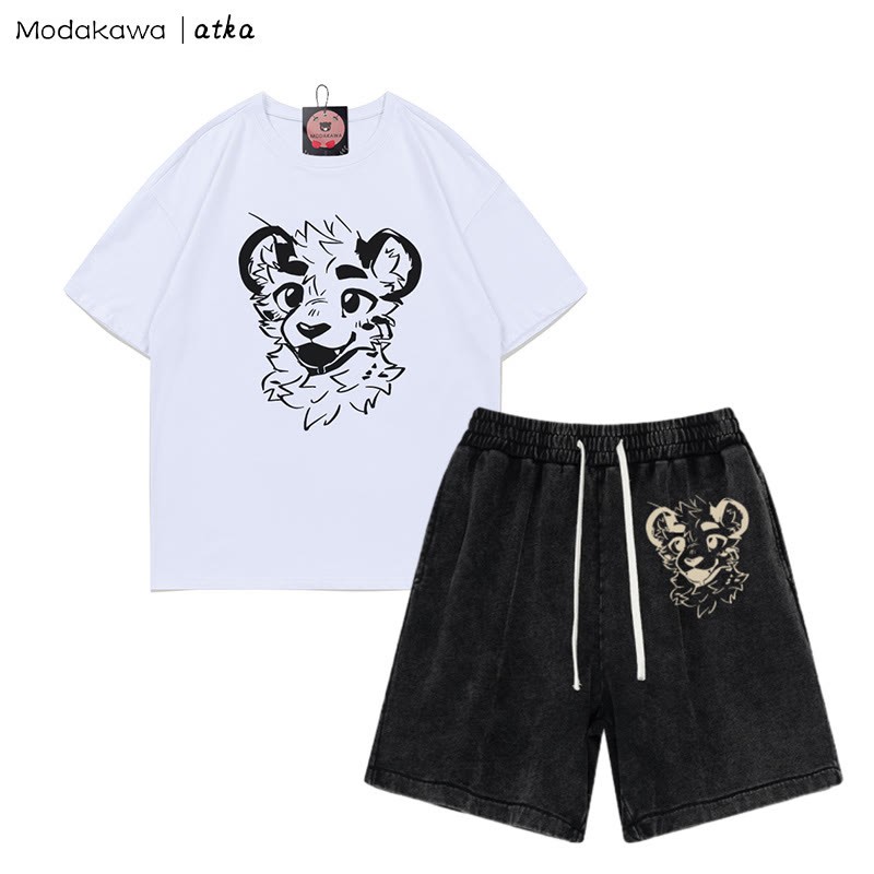 Freches T-Shirt mit Tigergesicht-Grafik und verwaschenen Vintage-Shorts, zweiteiliges Set - White&Black - 3XL - image 2