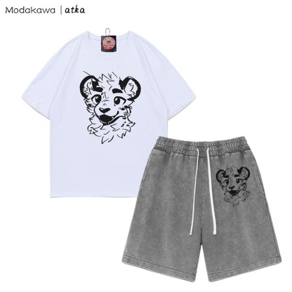 Freches T-Shirt mit Tigergesicht-Grafik und verwaschenen Vintage-Shorts, zweiteiliges Set - White&Grey - 3XL - image 1