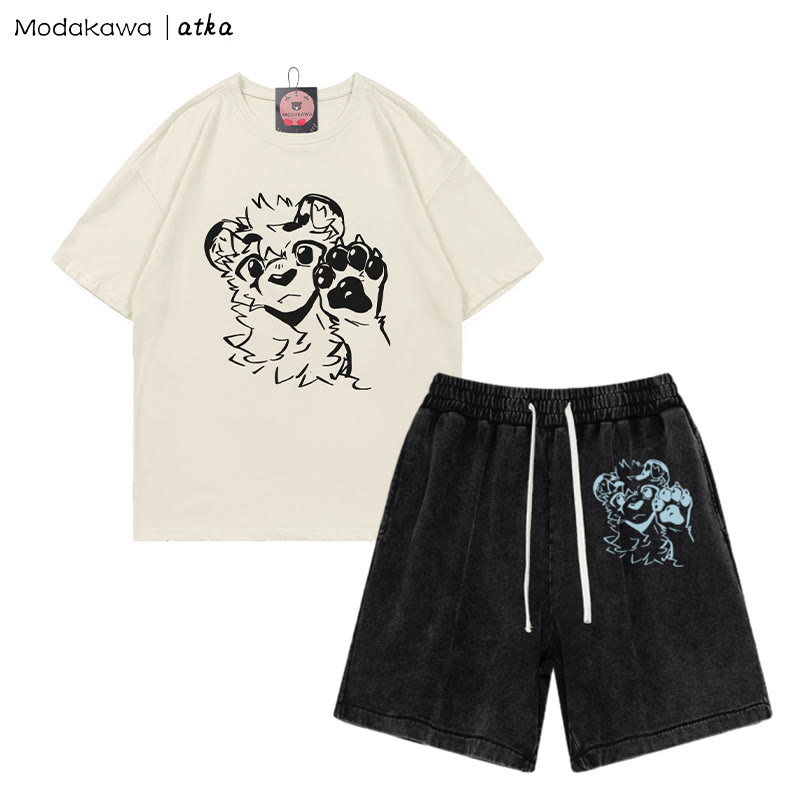 T-Shirt mit Tigerpfoten-Wellengrafik und verwaschenen Vintage-Shorts, zweiteiliges Set - Beige&Black - 3XL - image 2