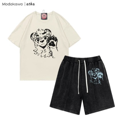 T-Shirt mit Tigerpfoten-Wellengrafik und verwaschenen Vintage-Shorts, zweiteiliges Set - Beige&Black - 3XL - image 2