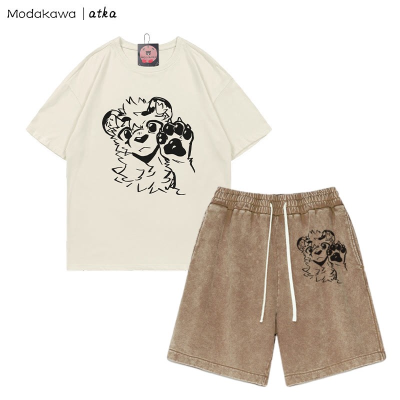 T-Shirt mit Tigerpfoten-Wellengrafik und verwaschenen Vintage-Shorts, zweiteiliges Set - Beige&Brown - 3XL - image 1