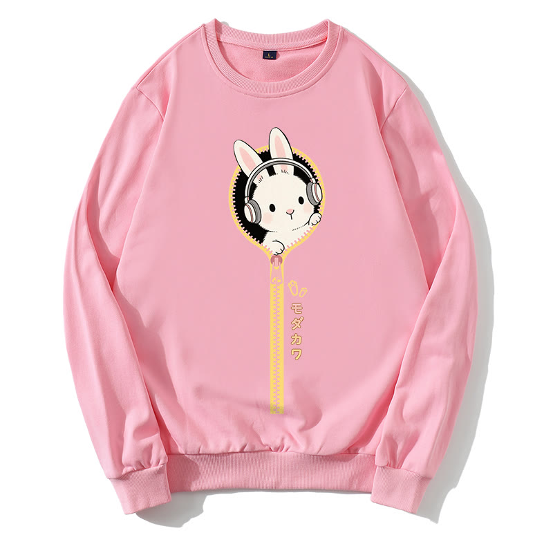 Sweatshirt mit rundem Kragen und Kopfhörer-Häschen-Reißverschluss - Rosa - 5XL - image 2
