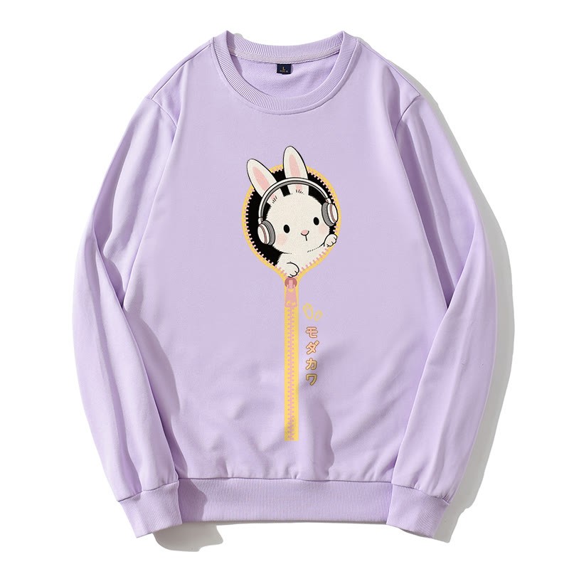 Sweatshirt mit rundem Kragen und Kopfhörer-Häschen-Reißverschluss - Lila - 5XL - image 1