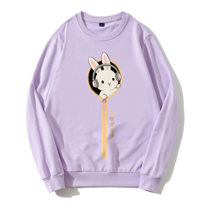 Sweatshirt mit rundem Kragen und Kopfhörer-Häschen-Reißverschluss - Lila - 5XL - image 1