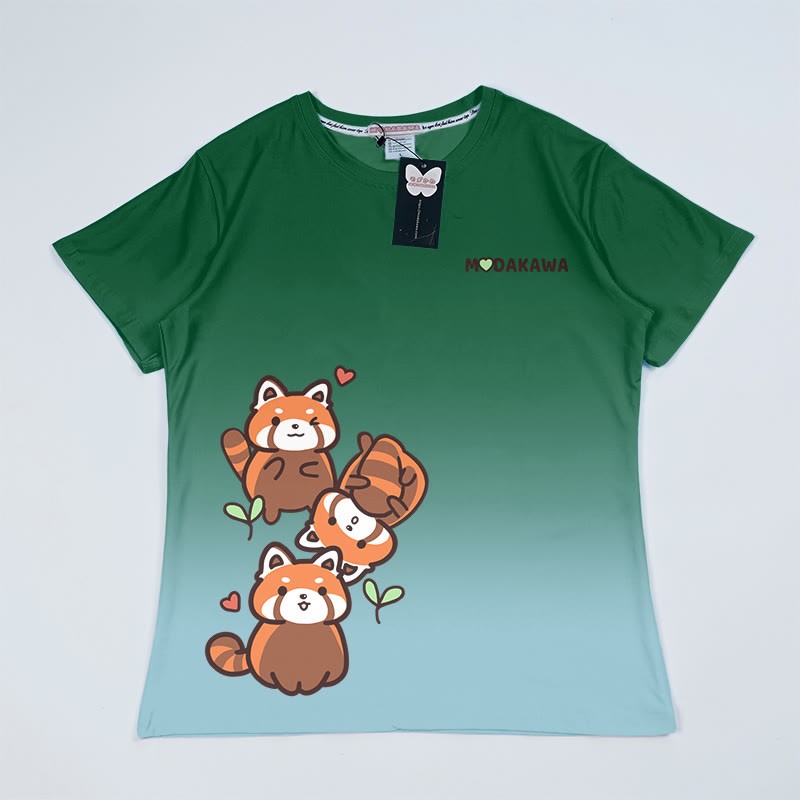 T-Shirt mit Farbverlauf und Roter Panda Grafik - Grün A - 5XL - image 1