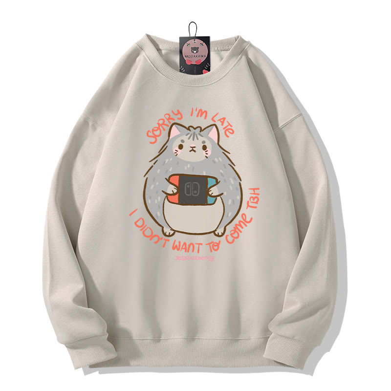 MODAKAWA X jessthechen SORRY I 'M LATE I DIDN'T WANT TO COME TBH Kitty Graphic Sweatshirt - Light Beige - 5XL - image 4