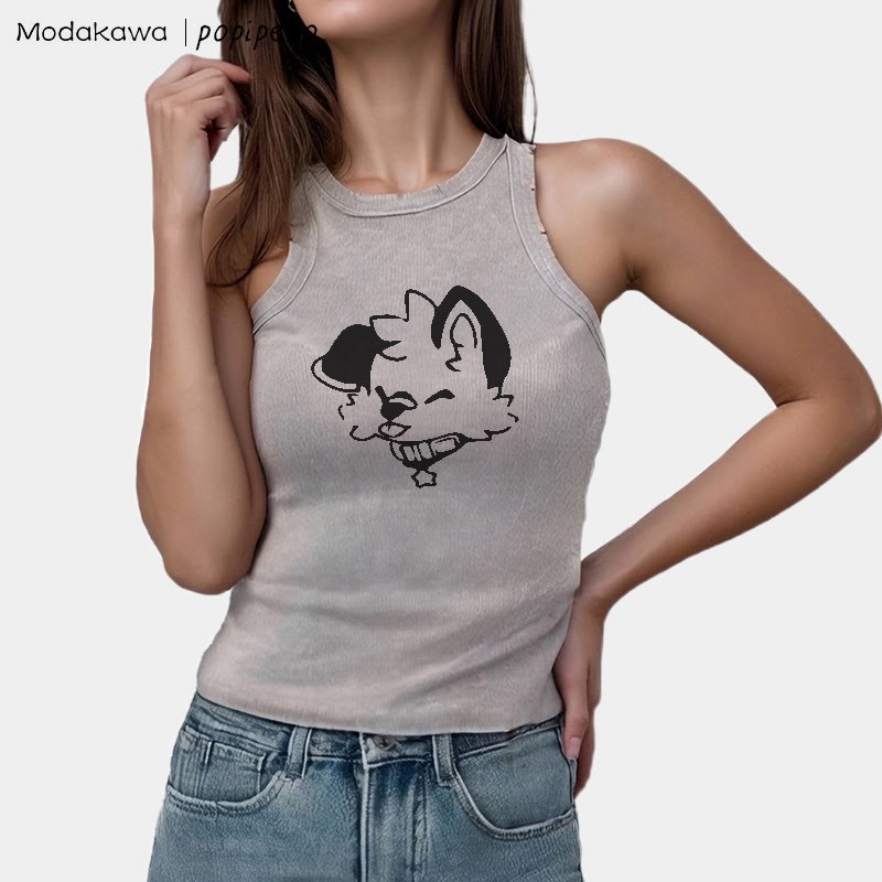 Ärmelloses T-Shirt mit verwaschenem Vintage-Schriftzug und Welpen-Grafik - image 1