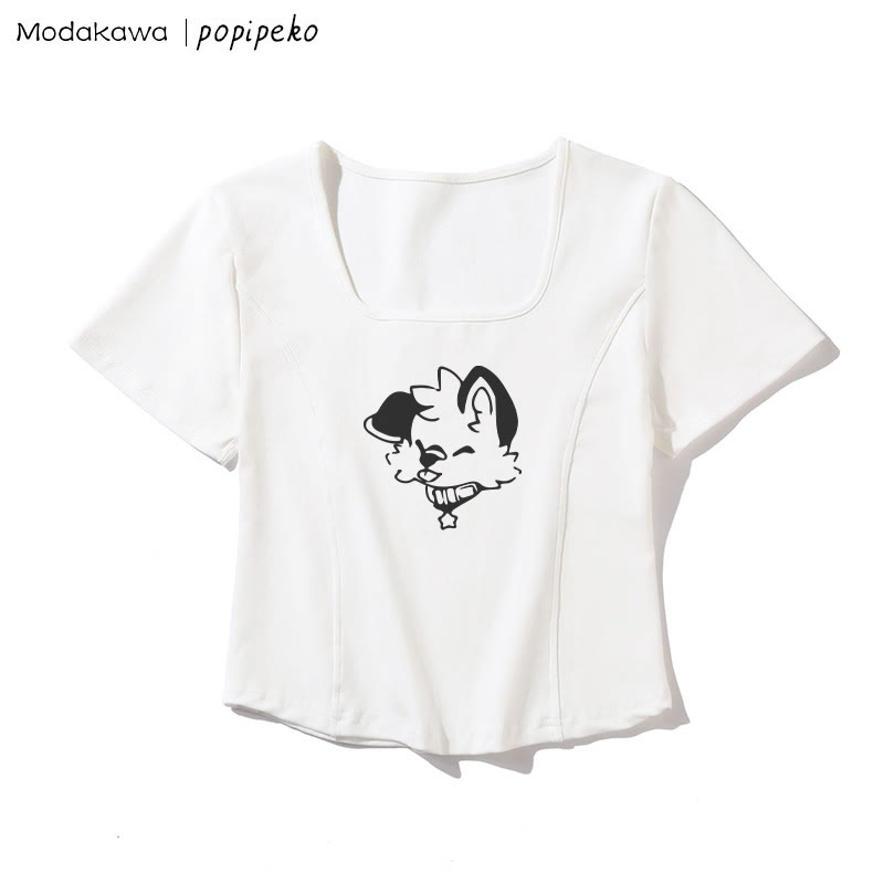 T-Shirt mit quadratischem Ausschnitt und Welpen-Grafik - Weiß - One Size - image 4