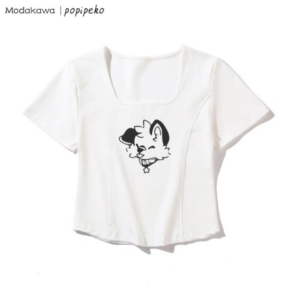 T-Shirt mit quadratischem Ausschnitt und Welpen-Grafik - Weiß - One Size - image 4