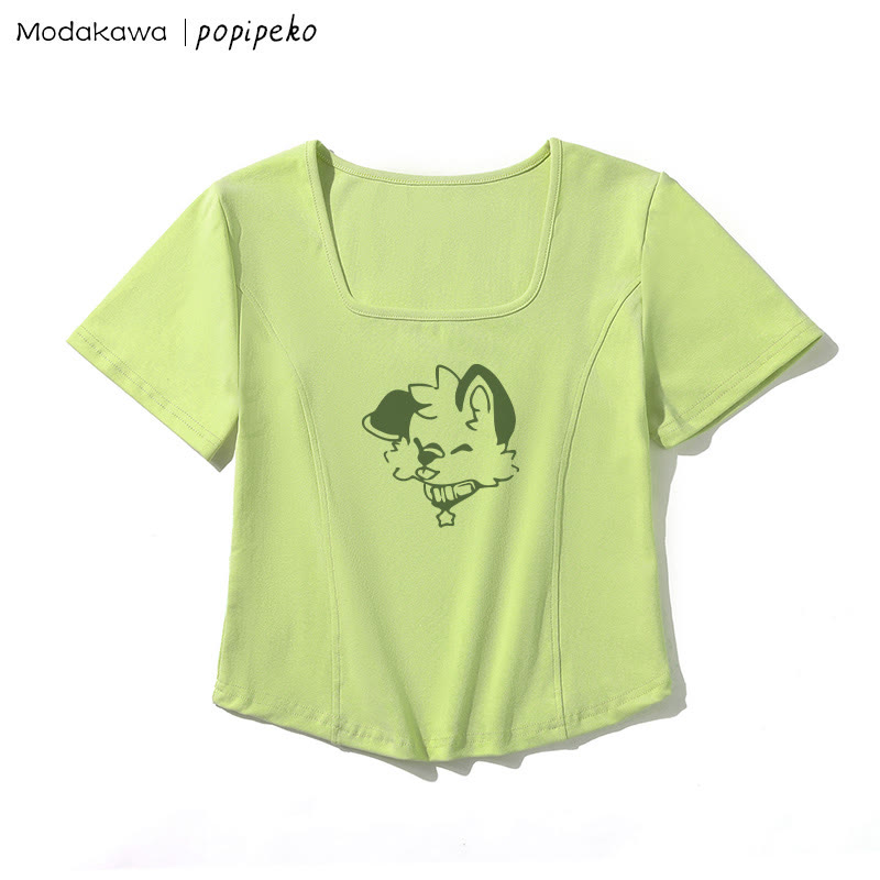 T-Shirt mit quadratischem Ausschnitt und Welpen-Grafik - Grün - One Size - image 2