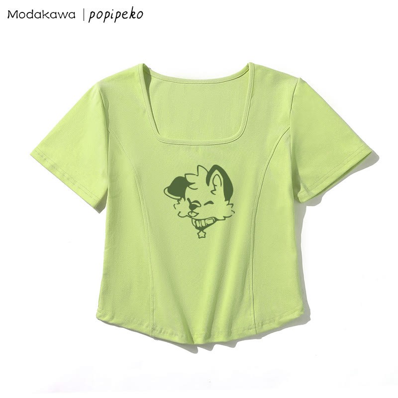 T-Shirt mit quadratischem Ausschnitt und Welpen-Grafik - Grün - One Size - image 2