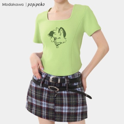 T-Shirt mit quadratischem Ausschnitt und Welpen-Grafik - image 1