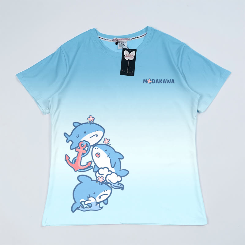 T-Shirt mit Farbverlauf und Hai-Grafik - Blau - 5XL - image 1