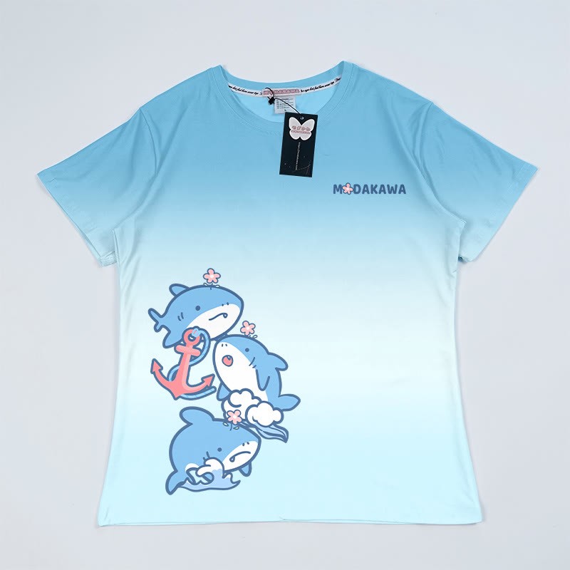 T-Shirt mit Farbverlauf und Hai-Grafik - Blau - 5XL - image 1
