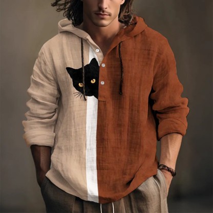 Verspielter Kapuzenpullover mit schwarzem Katzen-Print zum Verstecken - Braun - 5XL - image 1