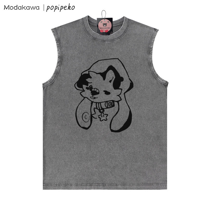 Welpe mit Sternkragen-Grafik, Unisex, Vintage, gewaschen, ärmelloses T-Shirt - Grau - 2XL - image 1