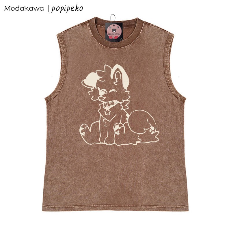 Unisex-T-Shirt mit Welpen-Grafik und herausgestreckter Zunge, Vintage-Waschung, ärmellos - Braun - 2XL - image 2