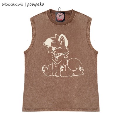 Unisex-T-Shirt mit Welpen-Grafik und herausgestreckter Zunge, Vintage-Waschung, ärmellos - Braun - 2XL - image 2