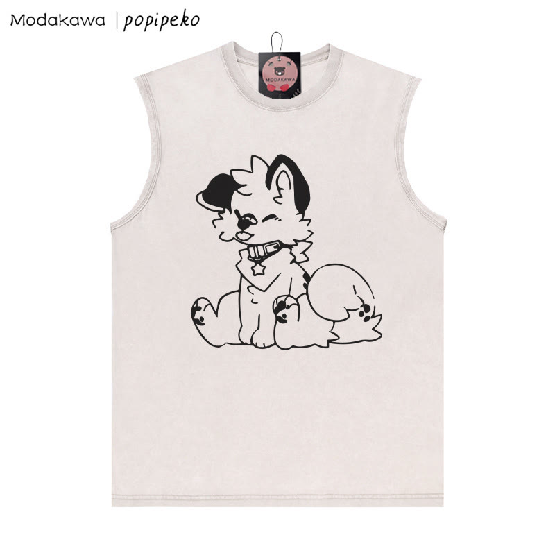 Unisex-T-Shirt mit Welpen-Grafik und herausgestreckter Zunge, Vintage-Waschung, ärmellos - Aprikose - 2XL - image 1