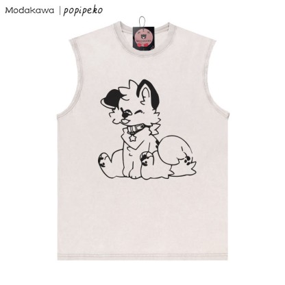 Unisex-T-Shirt mit Welpen-Grafik und herausgestreckter Zunge, Vintage-Waschung, ärmellos - Aprikose - 2XL - image 1