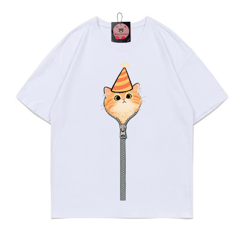 Modakawa T-Shirt aus 100% Baumwolle mit Katzenmotiv und Reißverschluss. - White - 5XL - image 2
