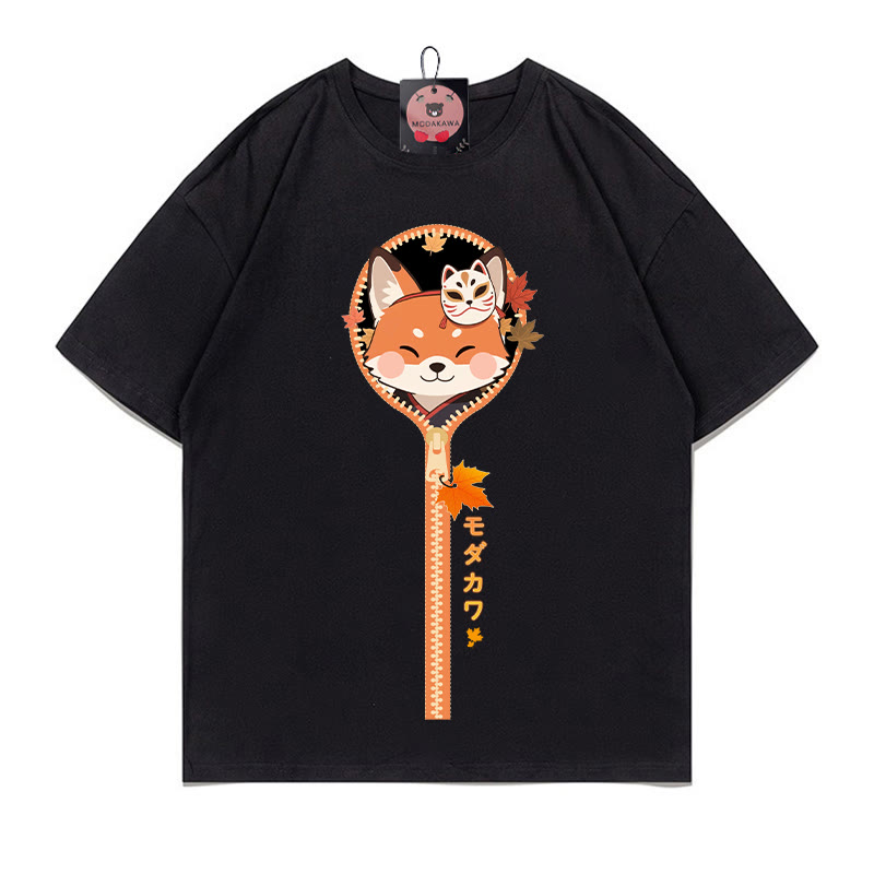 Modakawa T-Shirt mit Fuchs-Reißverschluss-Print, 100 % Baumwolle - Black - 5XL - image 1