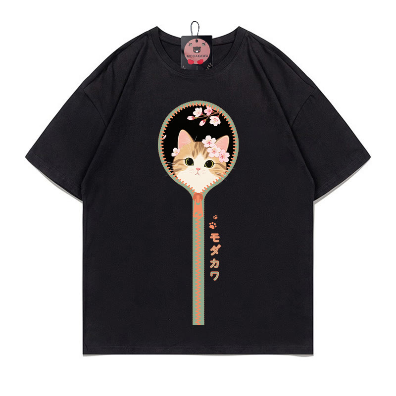Kitty Sakura Zipper Print 100% Cotton Modakawa T-Shirt - Black - 5XL - image 2