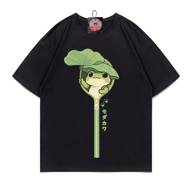 Modakawa T-Shirt mit Frosch-Reißverschluss-Print, 100 % Baumwolle - Black - 5XL - image 2