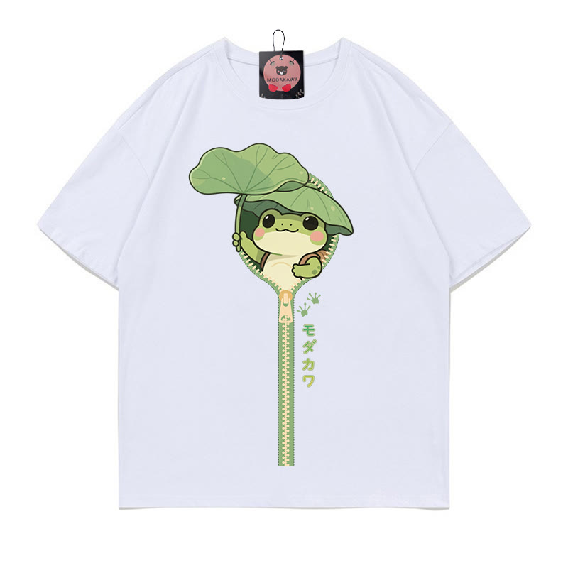 Modakawa T-Shirt mit Frosch-Reißverschluss-Print, 100 % Baumwolle - White - 5XL - image 1