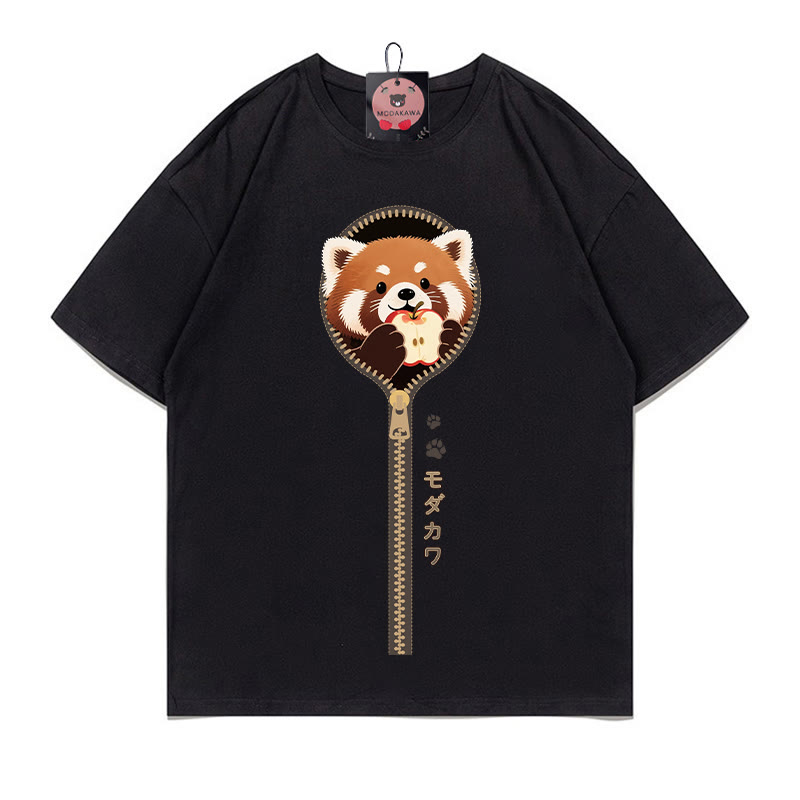 Modakawa T-Shirt mit Reißverschlussprint und rotem Panda-Motiv, 100 % Baumwolle - Black - 5XL - image 2