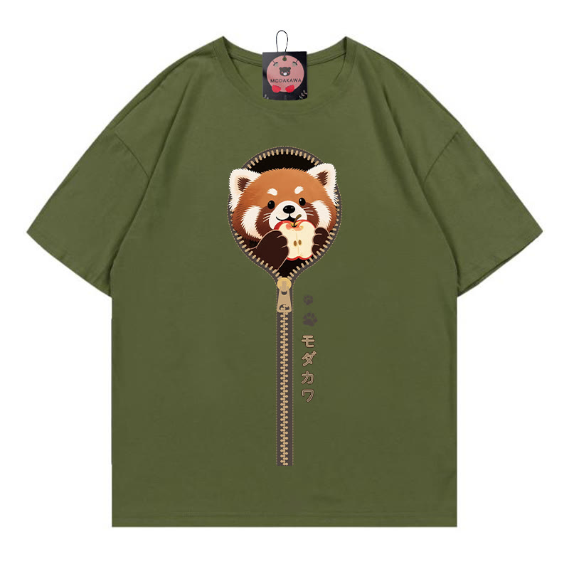 Modakawa T-Shirt mit Reißverschlussprint und rotem Panda-Motiv, 100 % Baumwolle - Green - 5XL - image 1