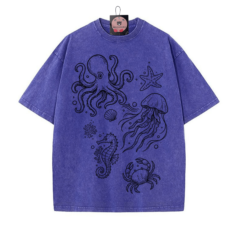 Handgezeichnetes Ocean Creatures Grafik Unisex Vintage Washed T-Shirt - Blau - 5XL - image 3