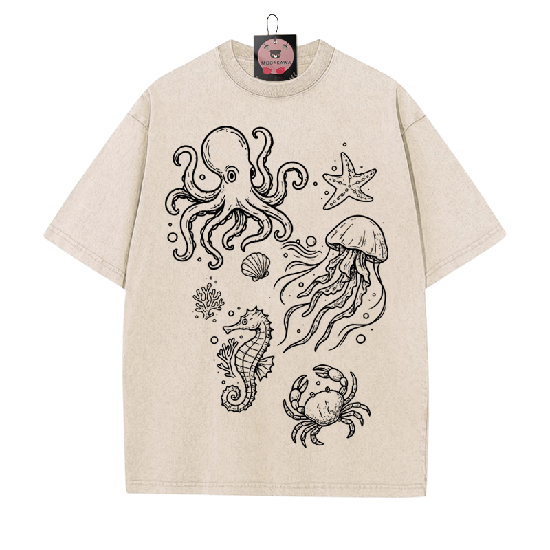 Handgezeichnetes Ocean Creatures Grafik Unisex Vintage Washed T-Shirt - Aprikose - 5XL - image 2