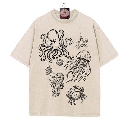 Handgezeichnetes Ocean Creatures Grafik Unisex Vintage Washed T-Shirt - Aprikose - 5XL - image 2