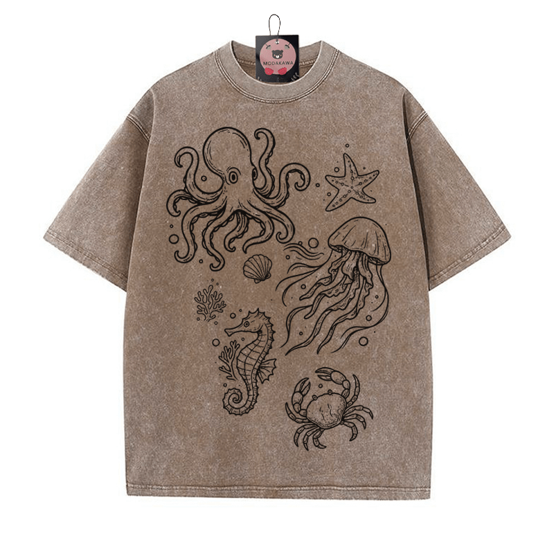 Handgezeichnetes Ocean Creatures Grafik Unisex Vintage Washed T-Shirt - Braun - 5XL - image 4