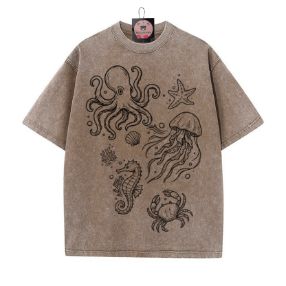 Handgezeichnetes Ocean Creatures Grafik Unisex Vintage Washed T-Shirt - Braun - 5XL - image 4