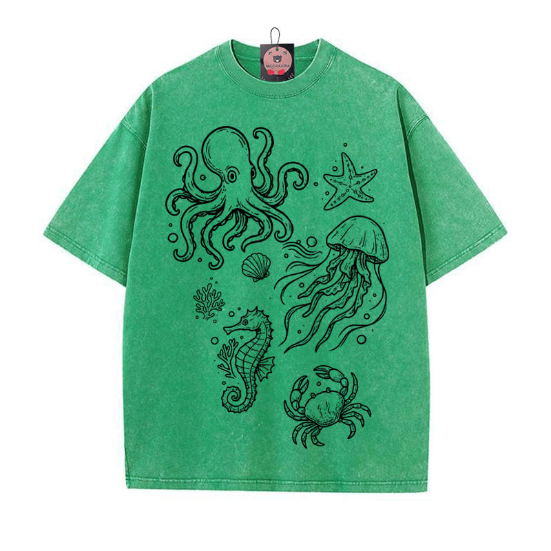 Handgezeichnetes Ocean Creatures Grafik Unisex Vintage Washed T-Shirt - Grün - 5XL - image 1