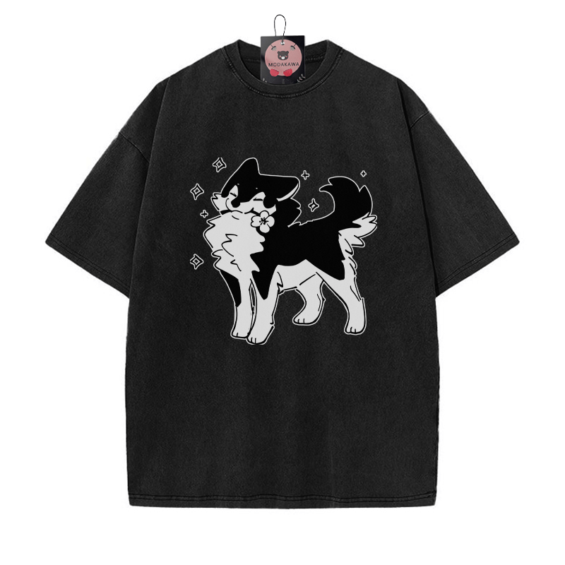 Verspieltes Welpe mit Blumengrafik Unisex Vintage Washed T-Shirt - Schwarz - 5XL - image 3